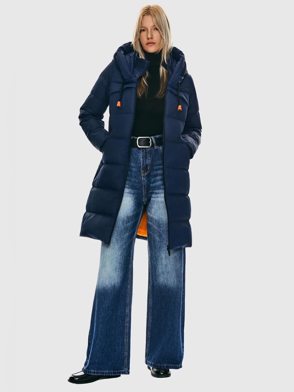 NEW NWT Orolay Long Thickened Winter Hooded Down Coat Jacket Heavy, Navy Blue XL